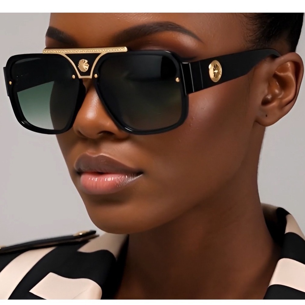 Square Aviator Sunglasses Accents Gold Women Black Frame Fashion Oversized Gafas